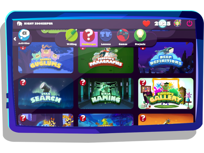 "Challenges" section on Night Zookeeper, displayed on tablet screen.