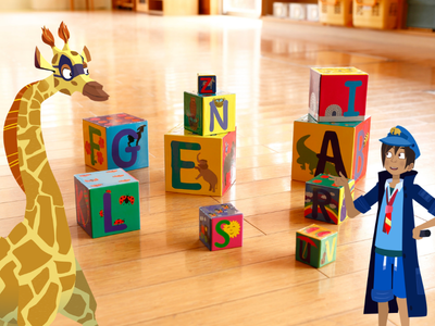 Building spelling blocks with Sam the giraffe and Will. 