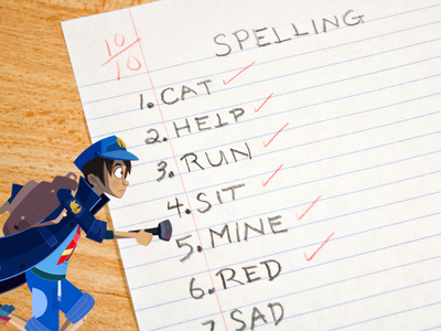 Spelling test showing list of words with ticks, and Night Zookeeper Will.