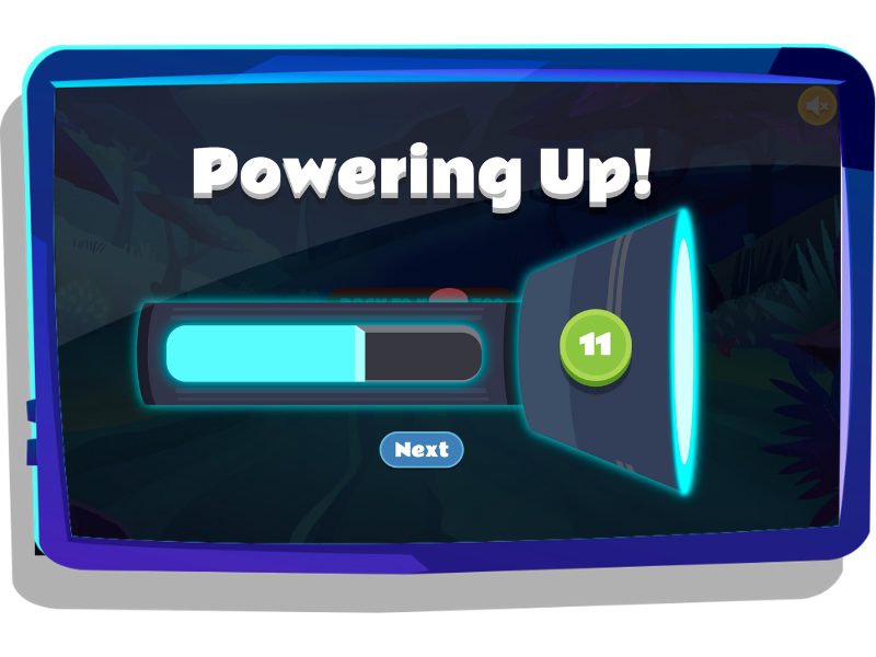 Flashlight being powered up on Night Zookeeper, displayed on tablet screen.