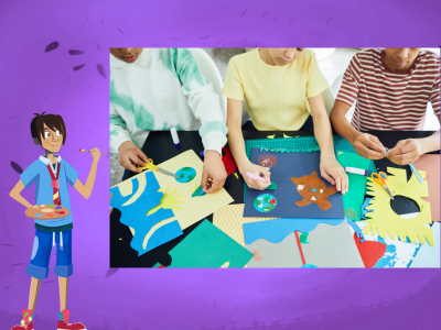 Children doing crafts, with Night Zookeeper Will.