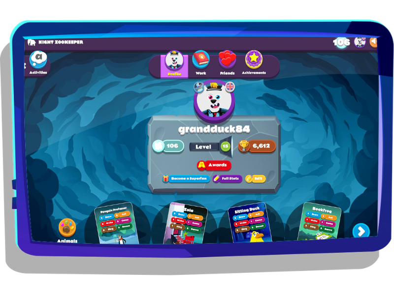 "My Stuff" page on Night Zookeeper, displayed on tablet screen.