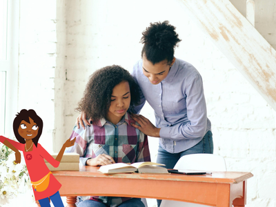 Child sitting at desk with her mother helping her.
