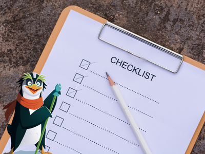 Empty checklist on a clipboard with Professor Penguin. 