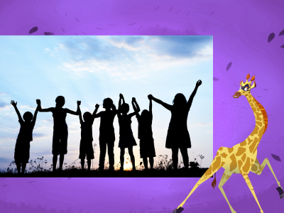 Silhouette of children holding hands , with Night Zookeeper Sam the Giraffe.