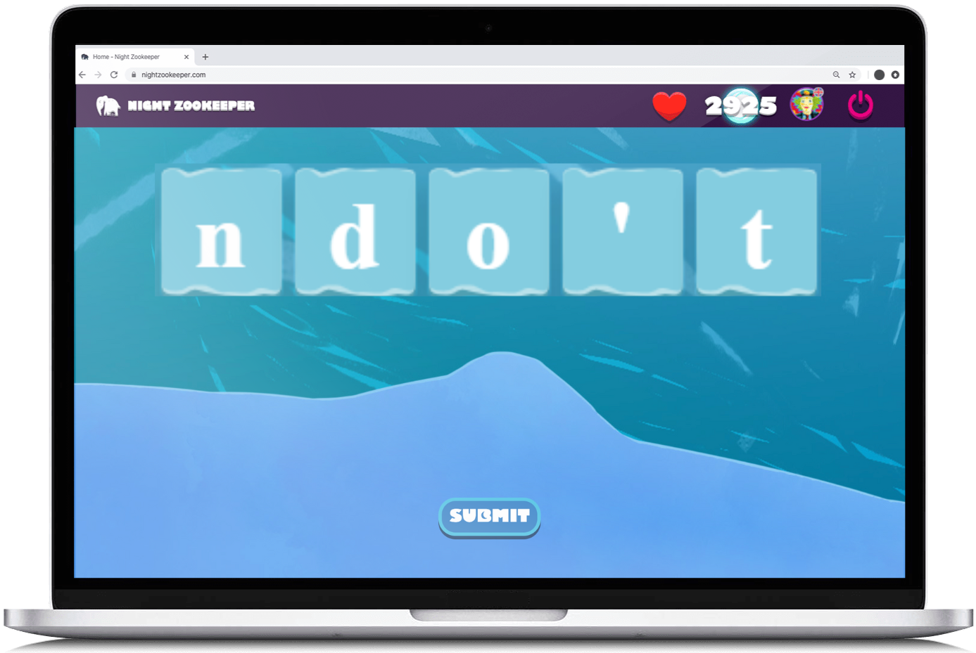 Unscramble the word activity on Nightzookeeper.com, displayed on laptop screen.