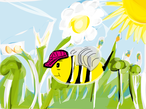 child drawing of bee wearing hat