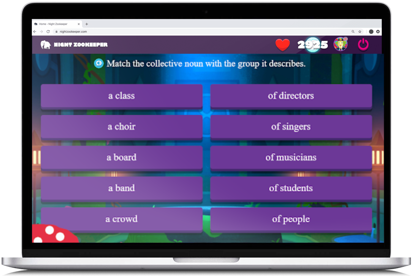 Collective nouns activity on Nightzookeeper.com, displayed on a laptop screen.