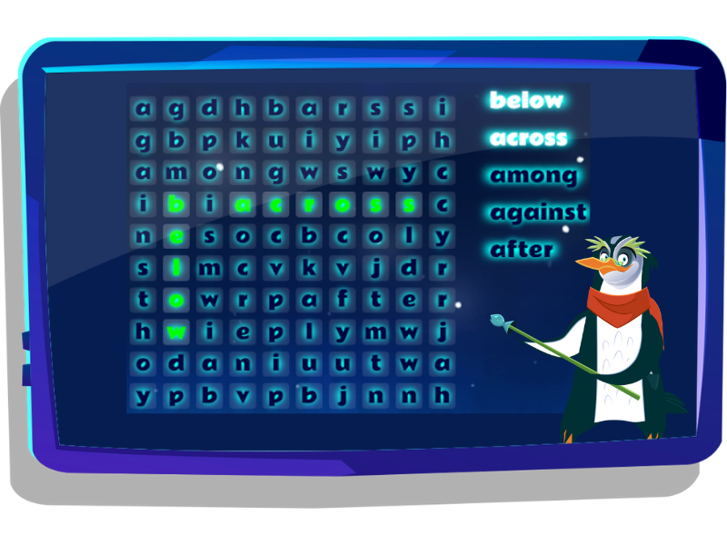 Preposition word search challenge on Nightzookeeper.com, displayed on tablet screen.