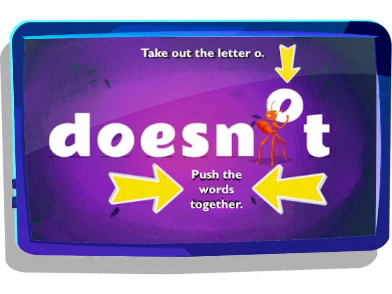 Spelling contractions lesson on Nightzookeeper.com, displayed on laptop screen.