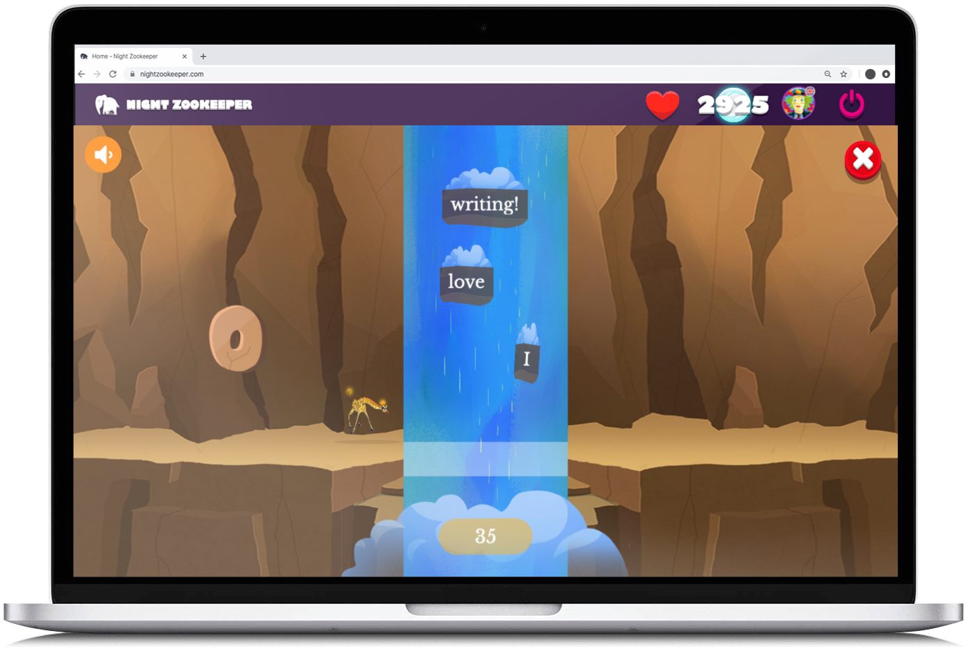 Grammar game on Nightzookeeper.com, displayed on laptop screen.