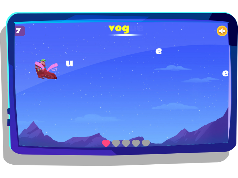 Word Wings, a game on Night Zookeeper, displayed on tablet screen.