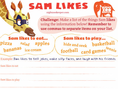 Sam likes practice using commas