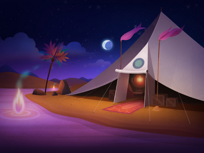 Tent with camp fire in desert