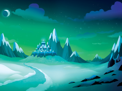 Illustration of snowy mountains and the moon.