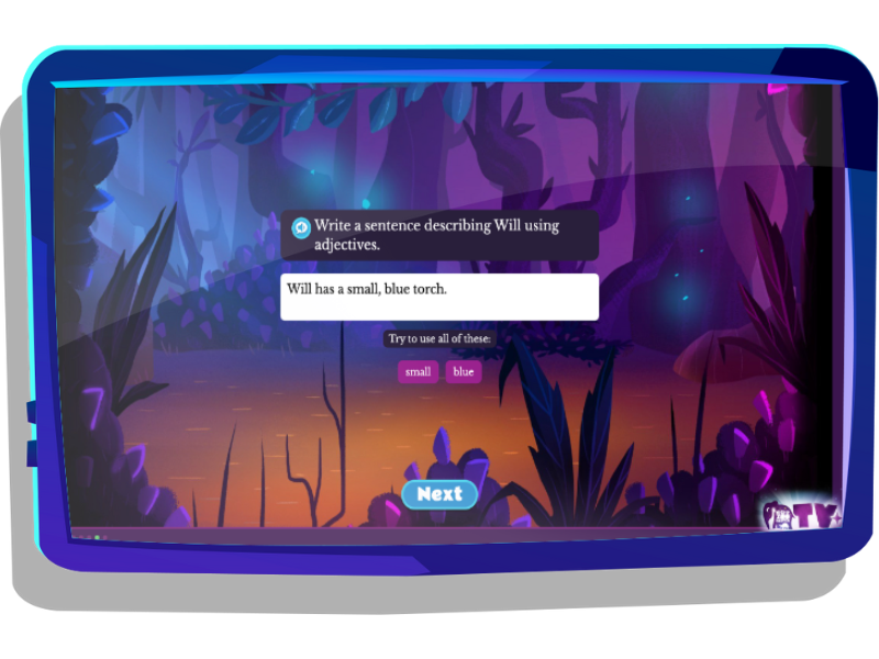 Adjectives lesson on Nightzookeeeper.com, displayed on tablet screen.