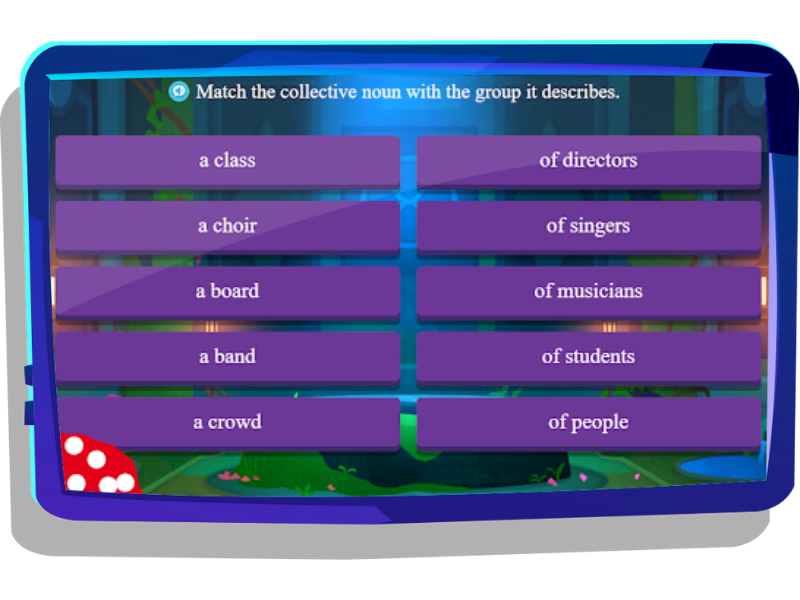 Collective nouns activity on Nightzookeeper.com, displayed on a tablet screen.