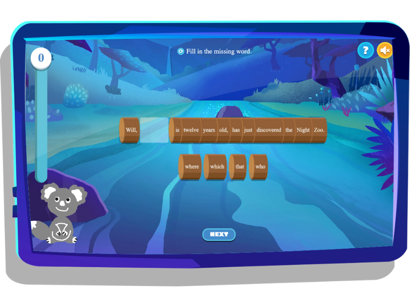 Relative pronouns quiz on Nightzookeeper.com, displayed on tablet screen.