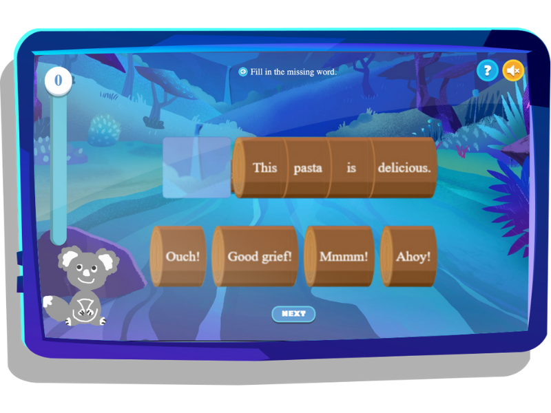 Interjections challenge on Nightzookeeper.com, displayed on tablet screen.