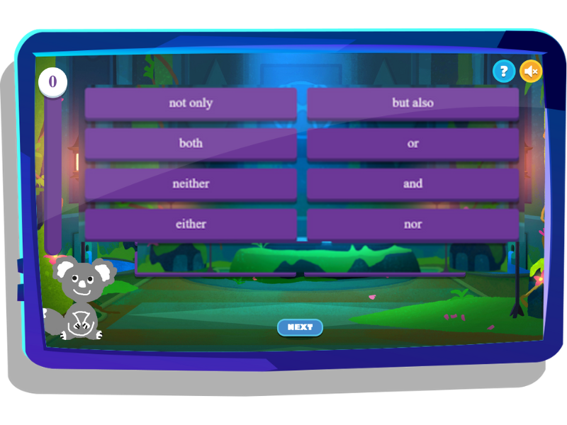 Conjunctions challenge on Nightzookeeper.com, displayed on tablet screen.
