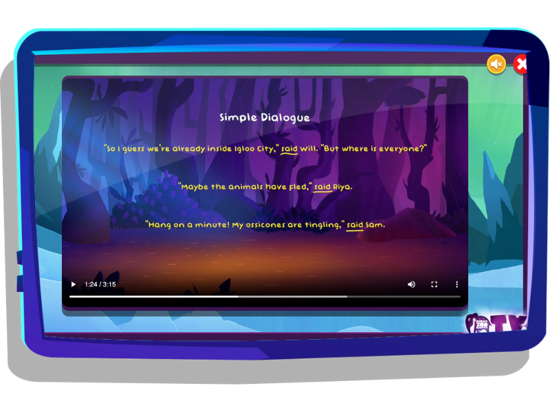 Dialogue lesson on Nightzookeeper.com, displayed on tablet screen.