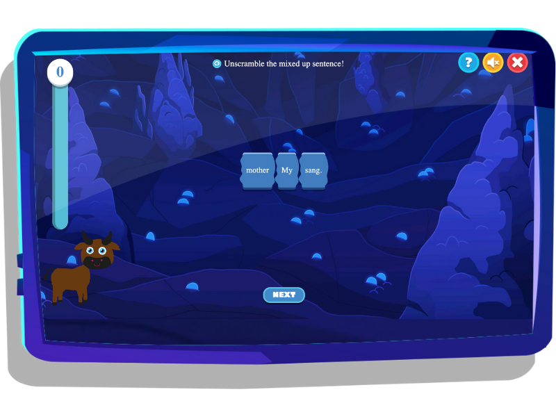 Sentence unscramble activity on Nightzookeeper.com, displayed on tablet screen.