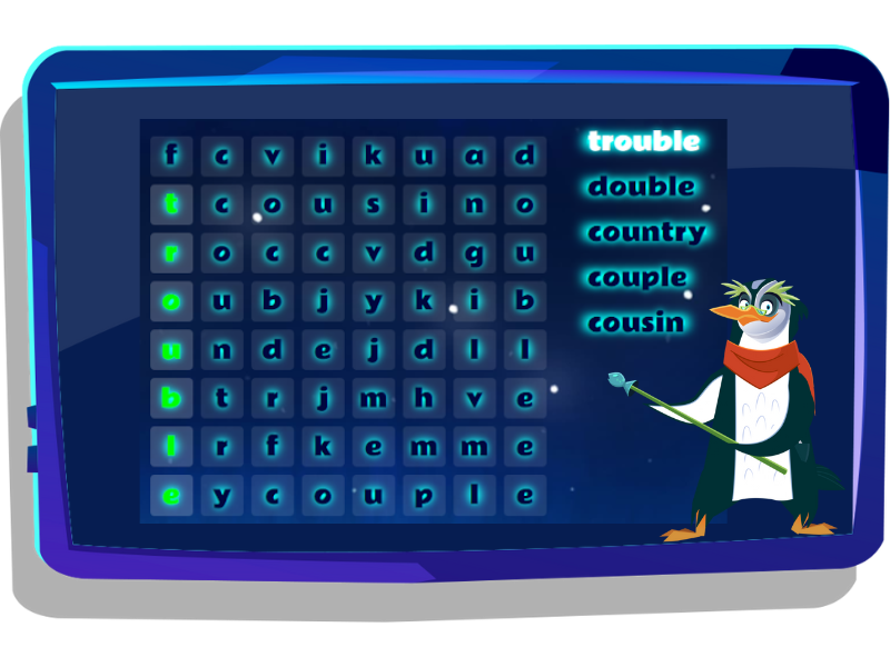 Word search game on Nightzookeeper.com, displayed on laptop screen.