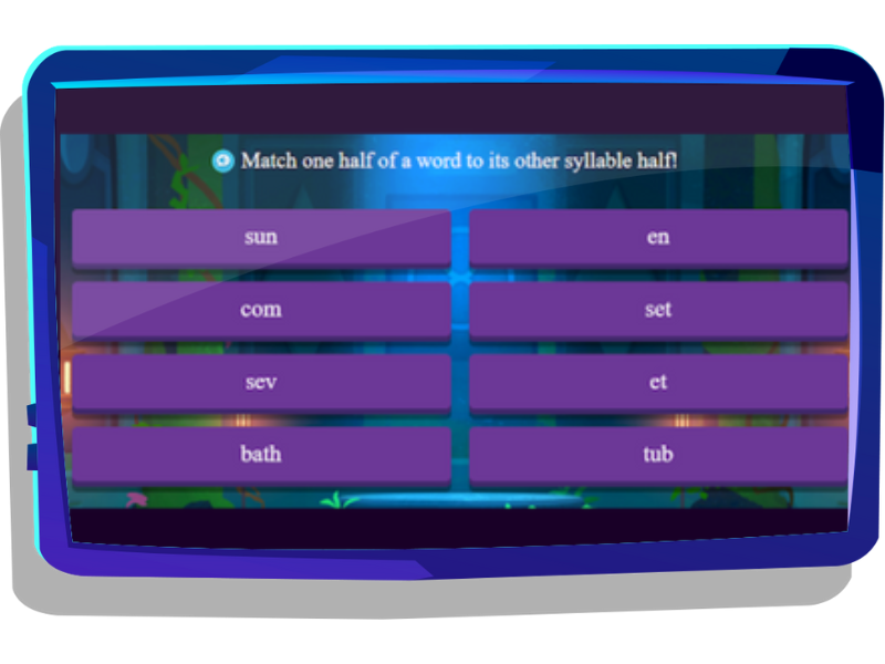 Syllable matching game on Nightzookeeper.com, displayed on laptop screen.