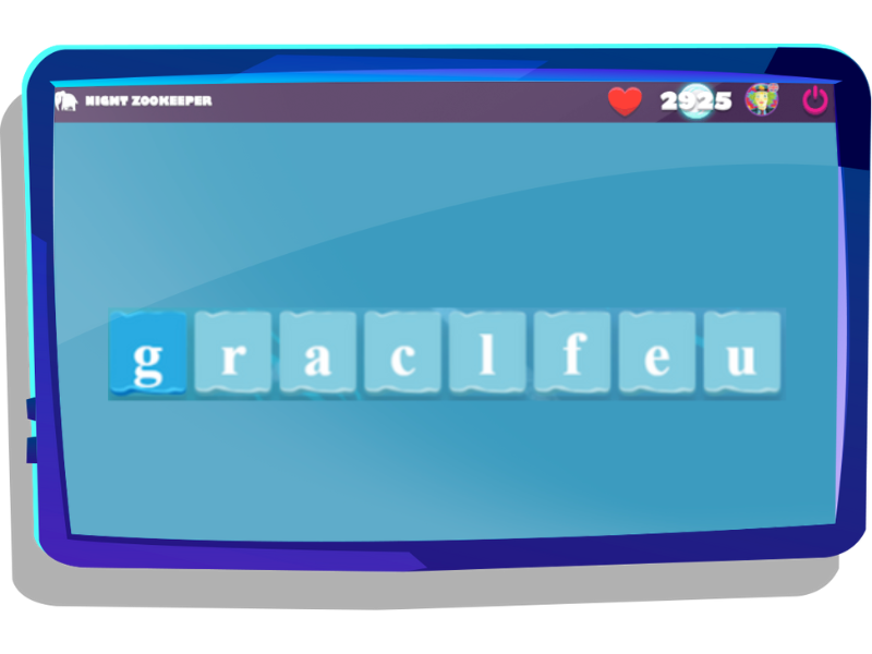 Spelling game on Nightzookeeper.com, displayed on tablet screen.