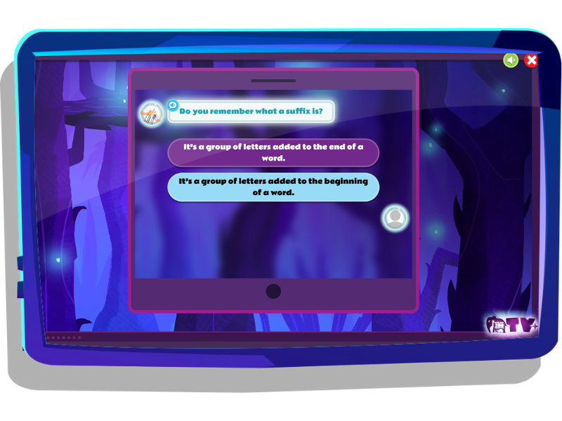 Suffix lesson on Nightzookeeper.com, displayed on tablet screen.
