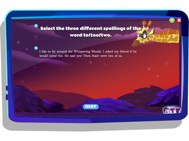 Homophones lesson on Nightzookeeper.com, displayed on laptop screen.