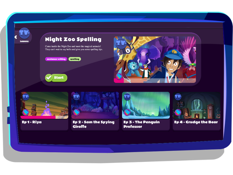 Spelling lesson series on Nightzookeeper.com on tablet screen.