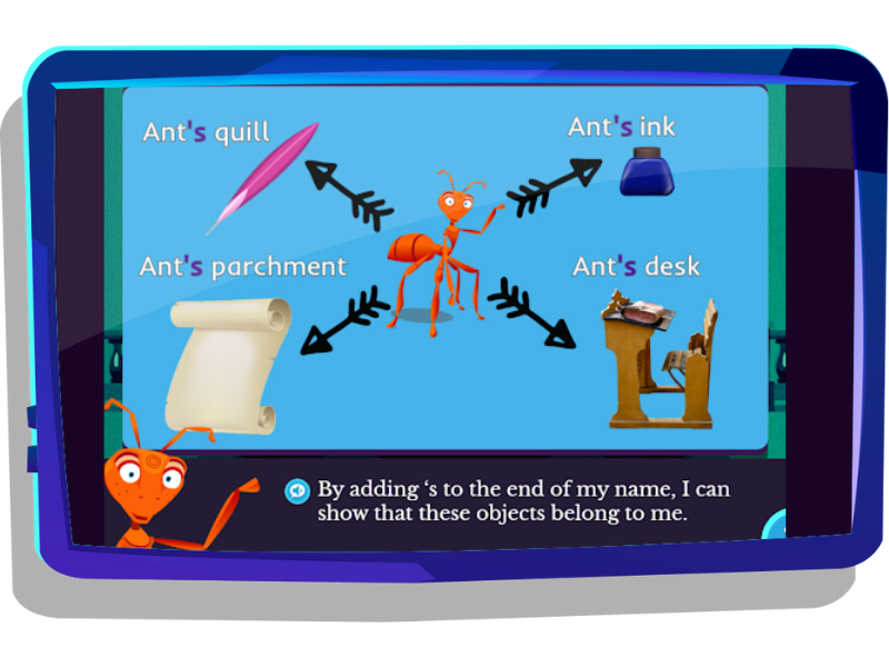 Spelling possessives lesson on Nightzookeeper.com, displayed on tablet screen.