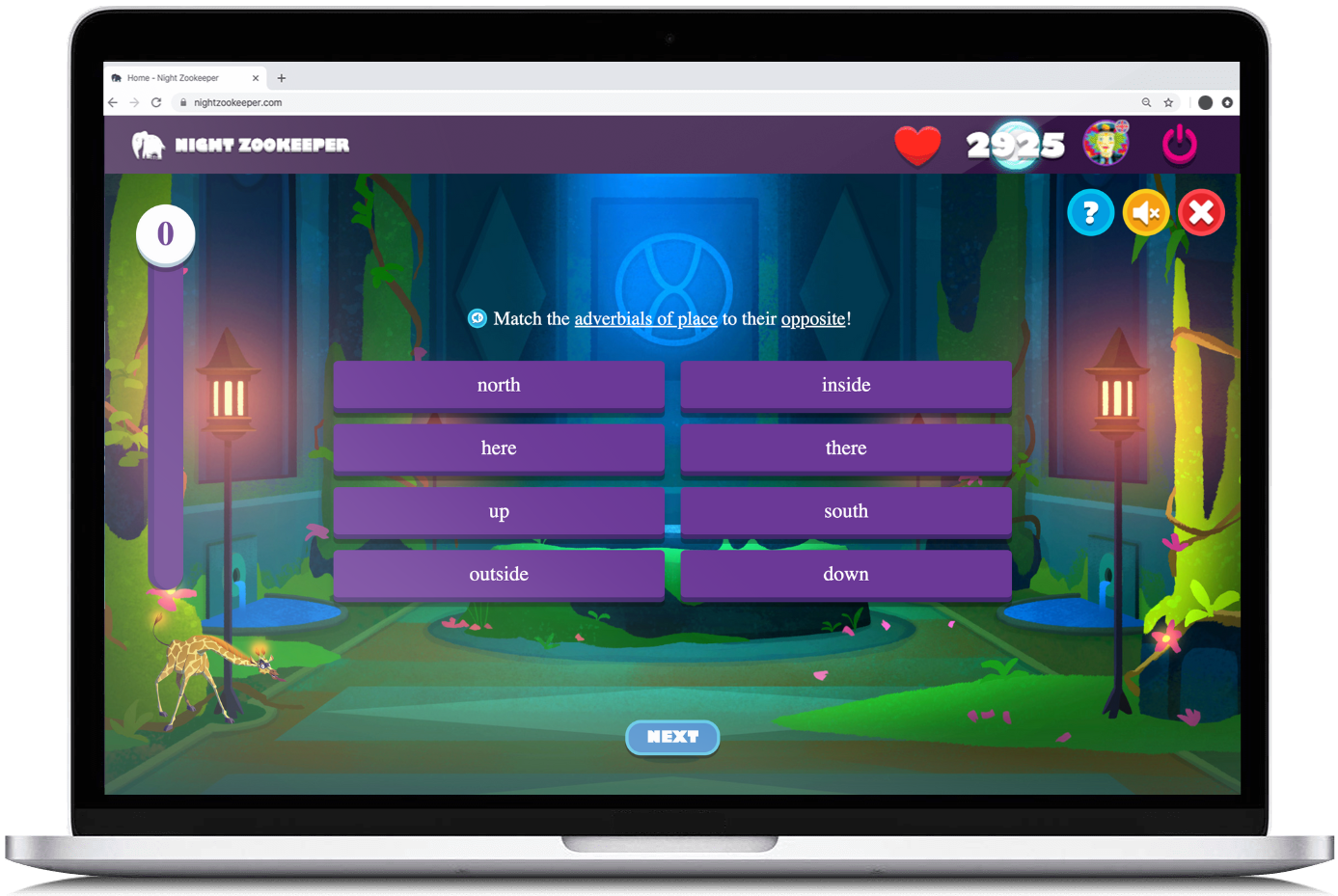 Maji's Matches, a fun writing game on Nightzookeeper.com, displayed on laptop screen.