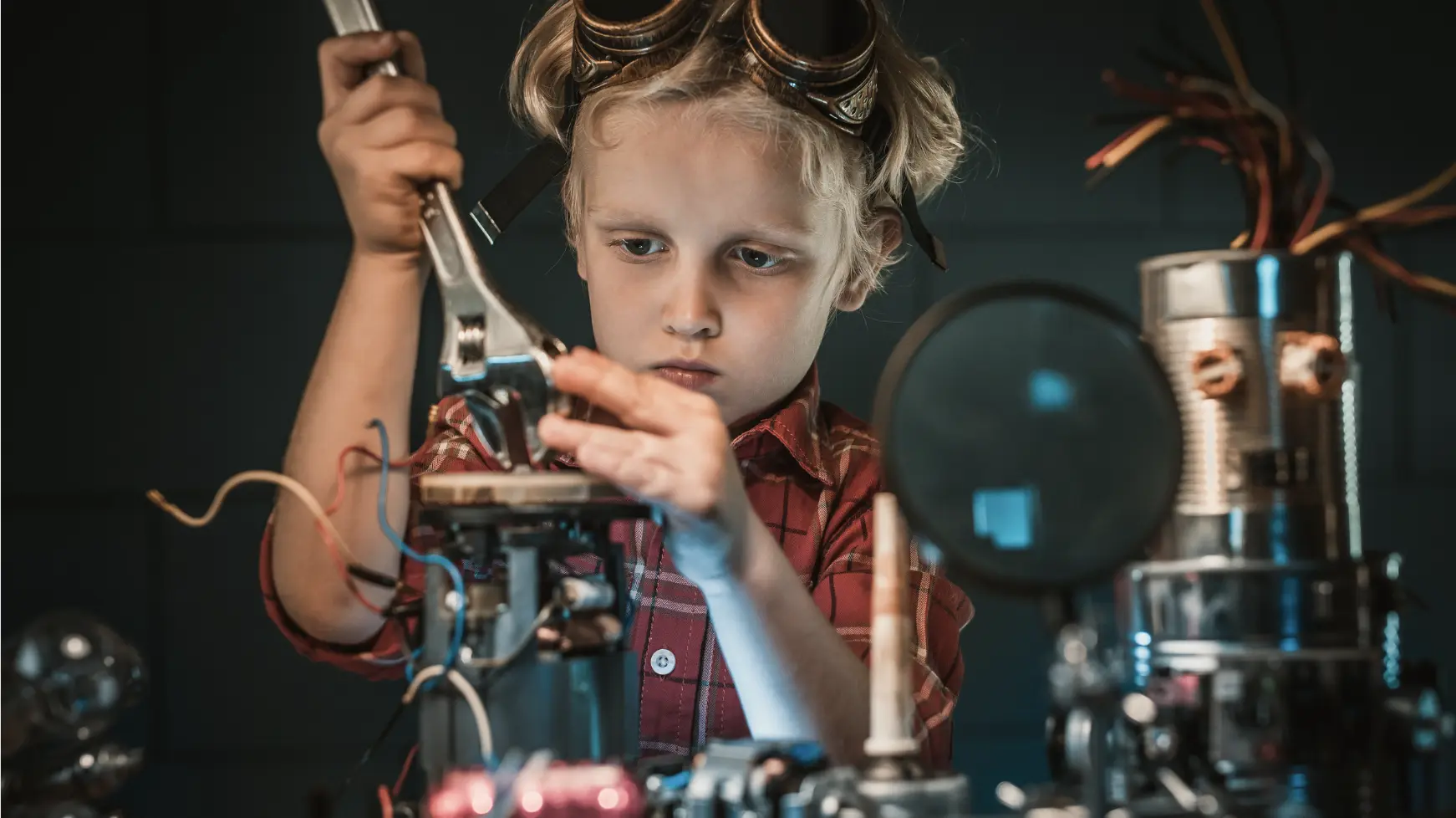 Child with spanner working on machinery.