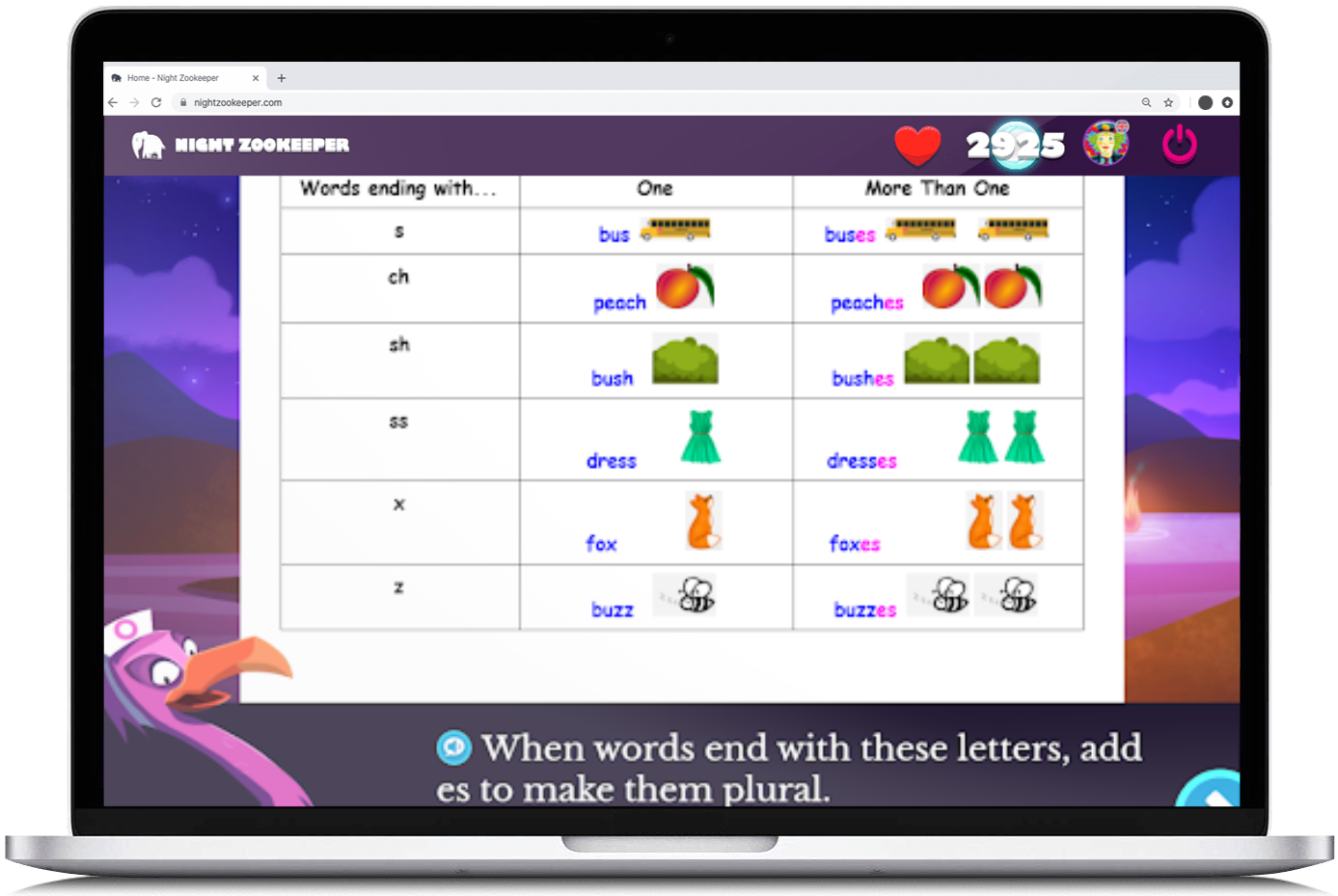 Night Zoo Spelling lesson on laptop screen.