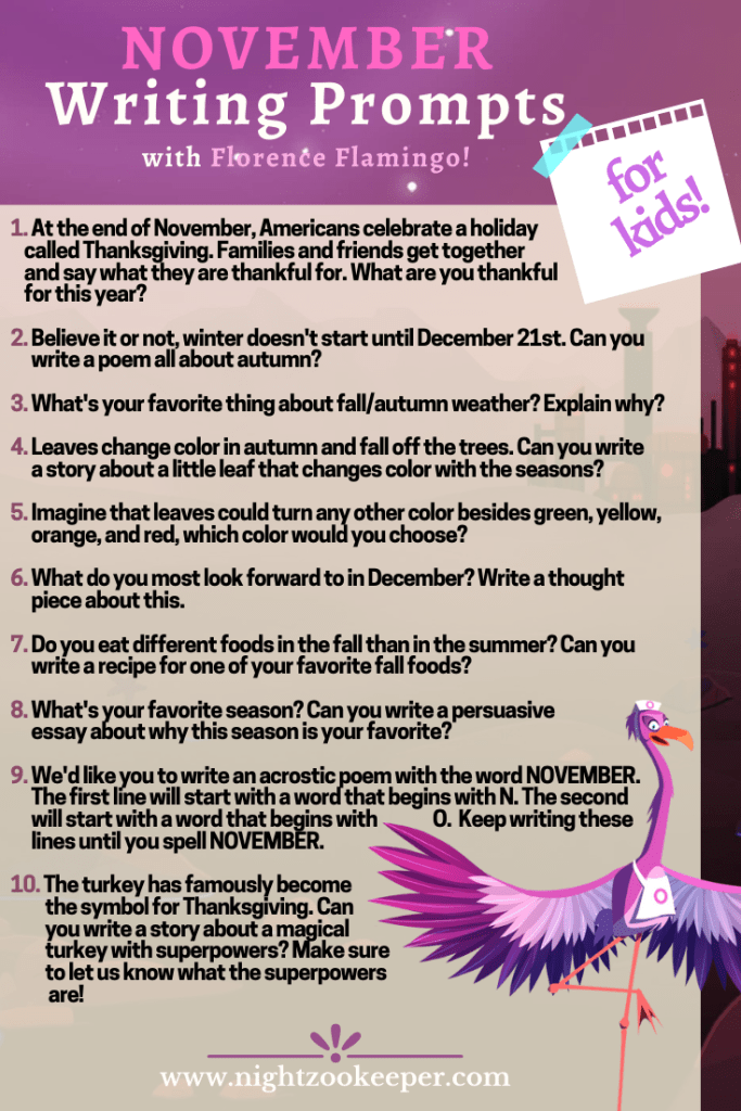 November Writing Prompts with Florence Flamingo