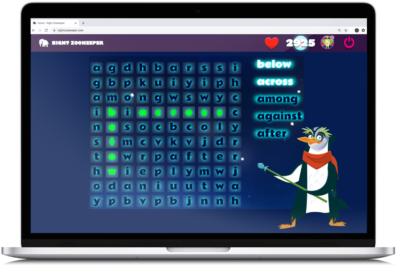 Preposition word search challenge on Nightzookeeper.com, displayed on laptop screen.
