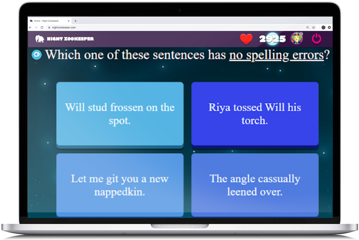 Proofreading activity on Nightzookeeper.com, displayed on laptop screen.