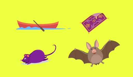 a boat, mouse, carpet, and bat
