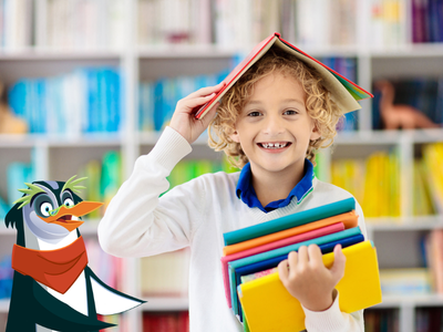 Penguin Professor with child smiling holding a book on their head in a library. 