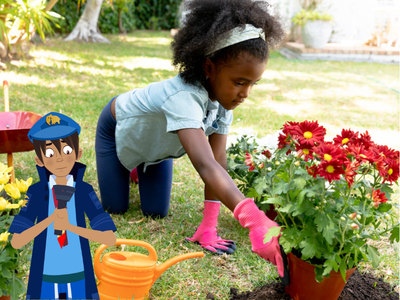 Child kneeling in grass planting a pot of flowers in soil with Will.