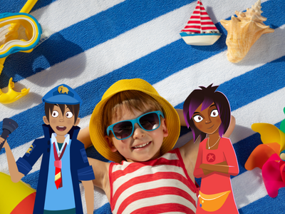 Child wearing sunglasses lying on beach towel, surrounded by summer items with Will and Riya. 