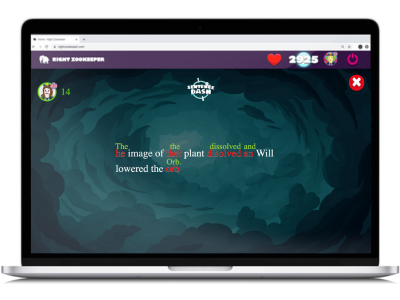Sentence Dash, a game on Night Zookeeper, displayed on laptop screen.