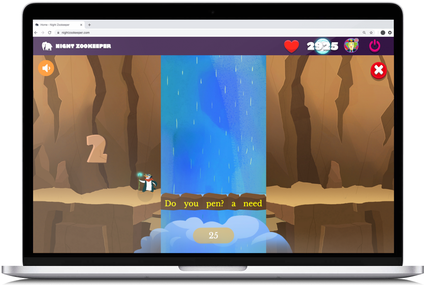 Waterfall Word Jumble, a writing game on Nightzookeeper.com, displayed on laptop screen.
