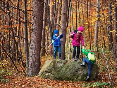 Three children playing in the woods.