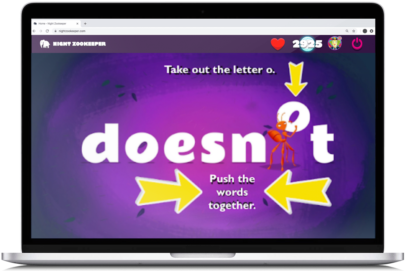 Spelling contractions lesson on Nightzookeeper.com, displayed on laptop screen.