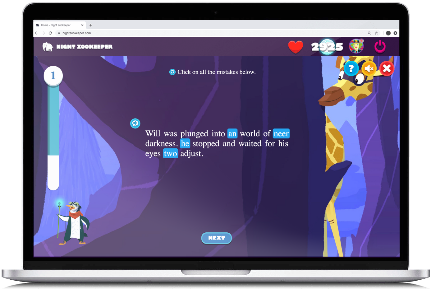 Mistake identification activity on Nightzookeeper.com, displayed on laptop screen.