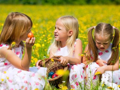 Easter egg hunt in a flower field.