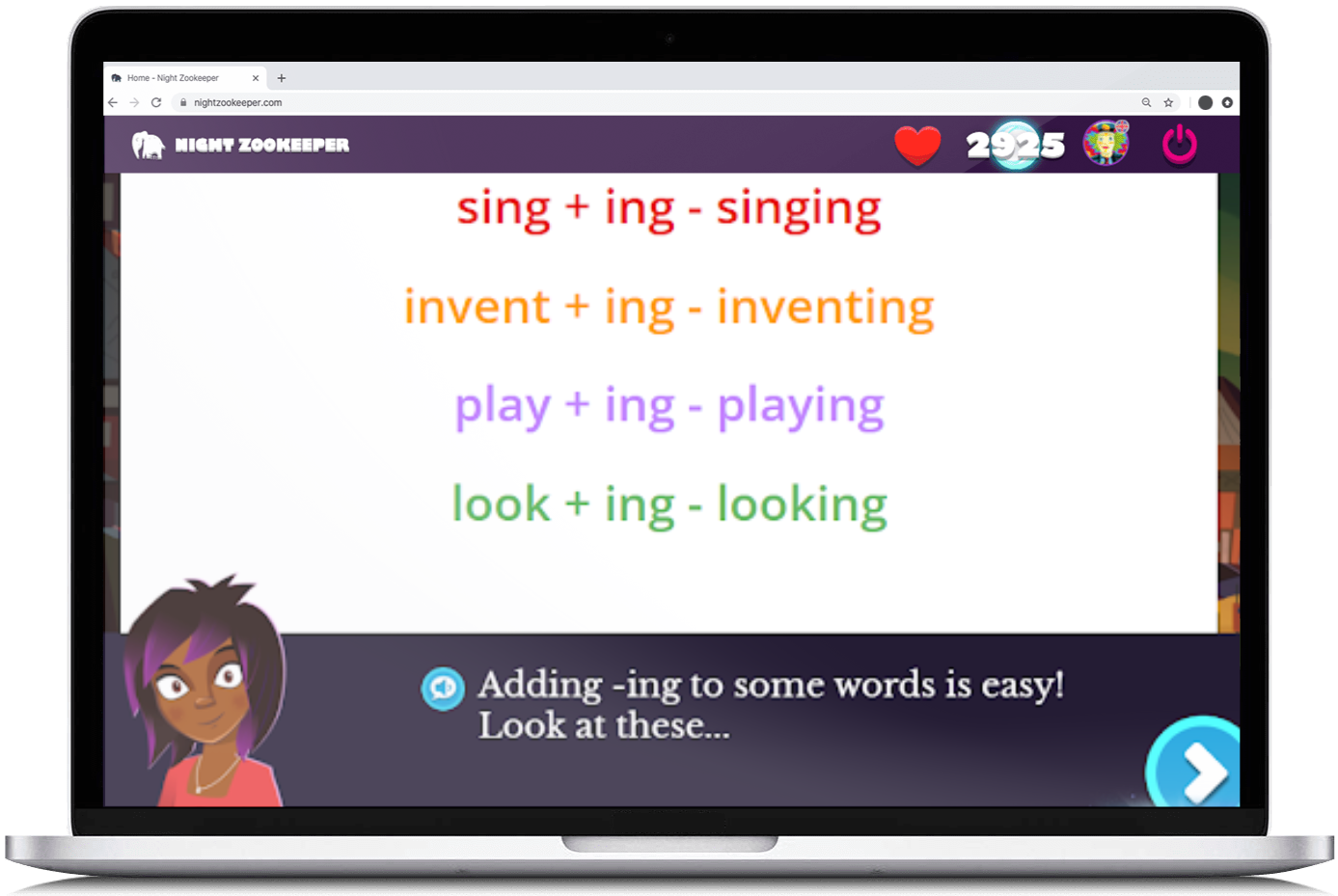 Night Zoo Spelling suffix lesson on laptop screen.